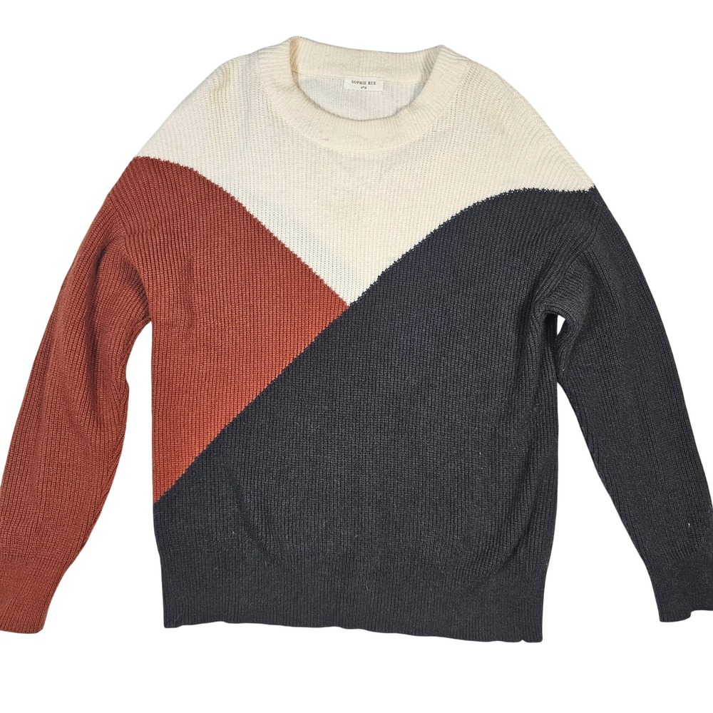 Sophie Rue Colorblock Ribbed Knit Sweater Cream Orange Grey Crew Neck Medium